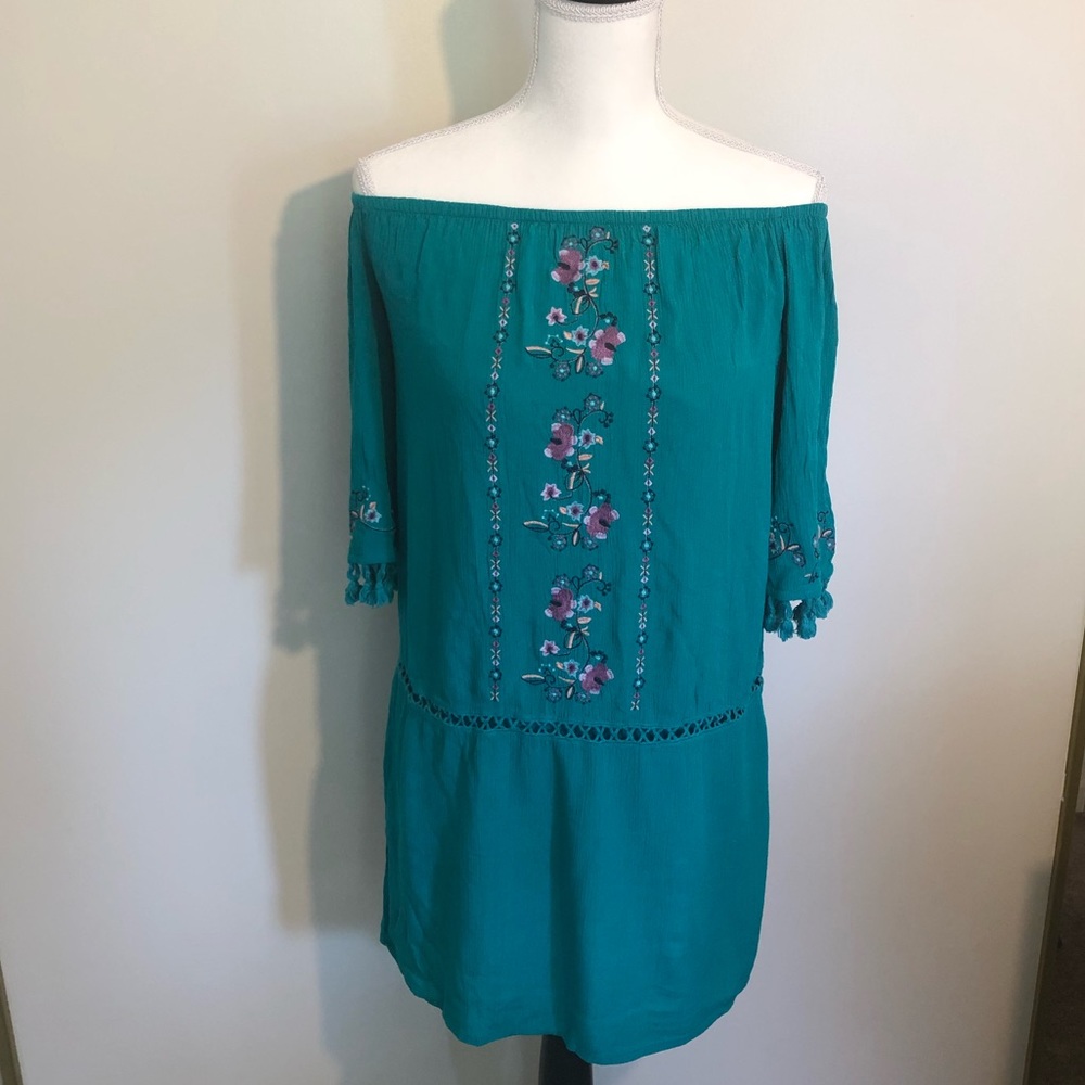 Boho turquoise tunic off the shoulder floral